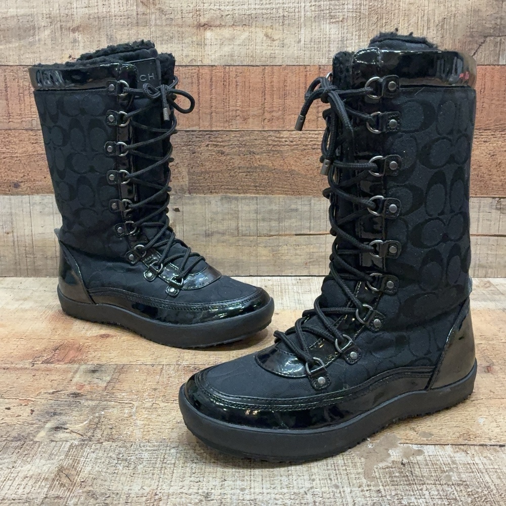 Coach Peggey Snow Boots Womens Size 8 38.5 Black Canvas Faux Fur Mid Calf